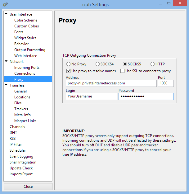 Tixati menu proxy settings