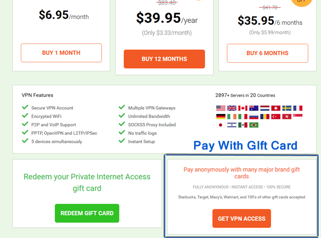 Pay for Private Internet Access with gift cards