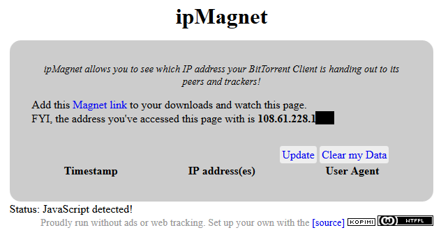 IPMagnet tool displays your browser IP address
