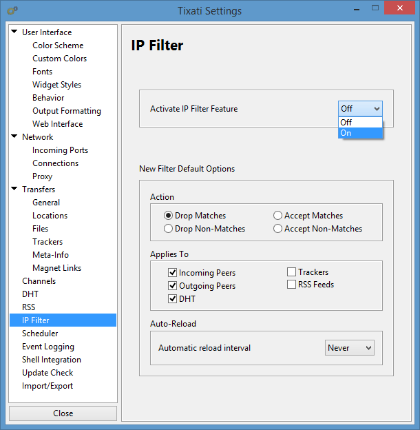Activate Tixati's IP-filter