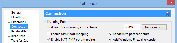 uTorrent connection settings (preferences menu)