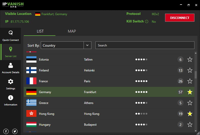 IPVanish Windows App (connected to Germany server location)