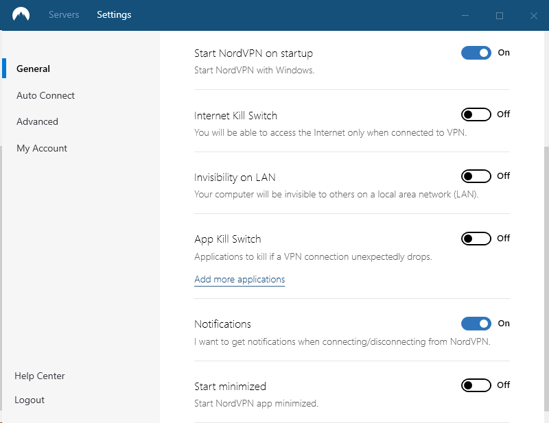 NordVPN Software (settings menu)