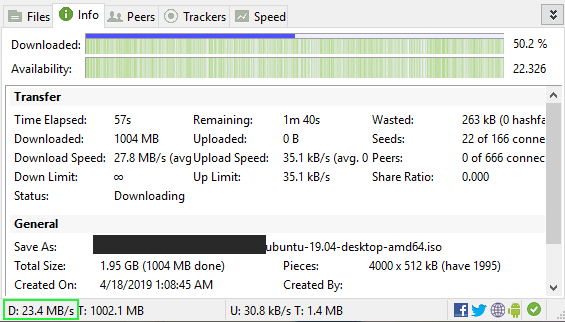 Utorrent Pobierz prędkość (w megabajtach na sekundę)