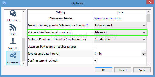 Bind to Network Interface in QBittorrent