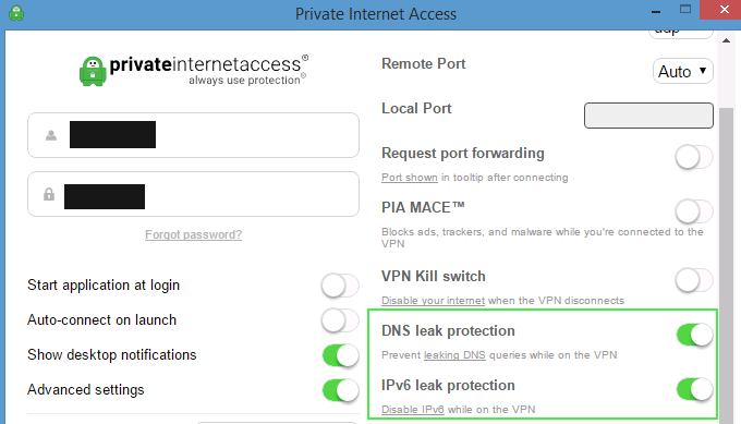 IPv6 leak protection and DNS Leak protection enabled in Private Internet Access software