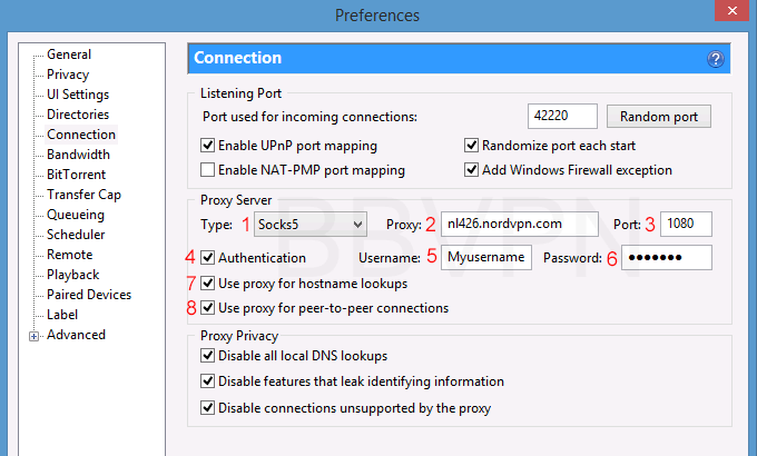 uTorrent proxy settings (pictured with NordVPN SOCKS proxy)