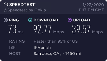 IPVanish west coast USA speed test (San Jose, CA)