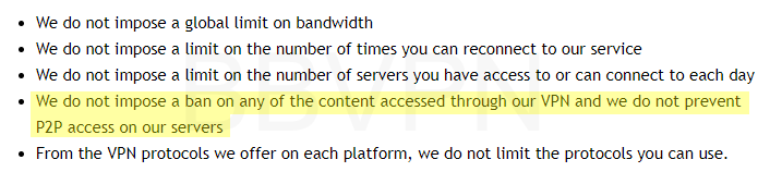 IPVanish's torrent policy (torrents allowed). 