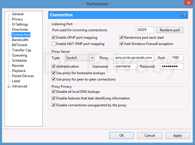 Recommended settings for IPVanish SOCKS5 proxy in uTorrent