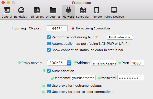 SOCKS proxy settings in Utorrent (Mac version)