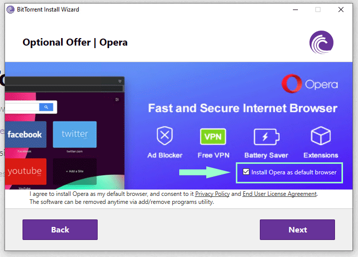 Opera Browser bloatware during BItTorrent client installation