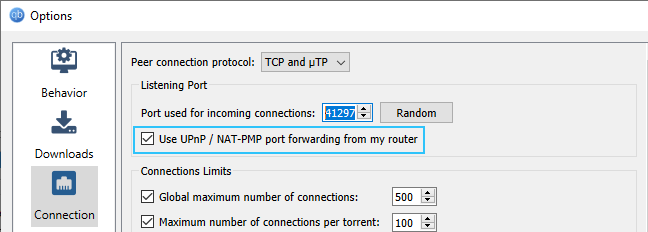 picture of the UPnP connection settings in qBittorrent torrent client