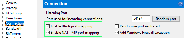 UPnP and NAT-PMP enabled in uTorrent settings