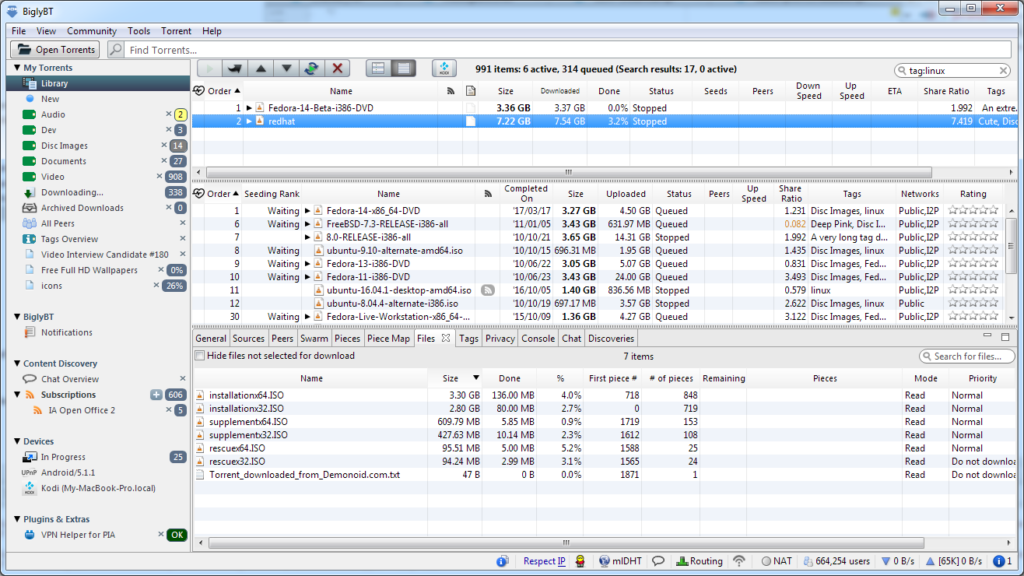 Screenshot of BiglyBT torrent client (main user dashboard)