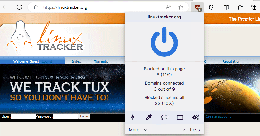 Screenshot of uBlock Origin blocking 8 ad scripts on linuxtracker.org