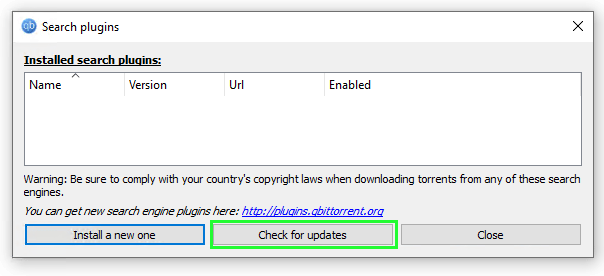 Easy method to install search plugins on qBittorrent. "check for updates" button is outlined in green. 