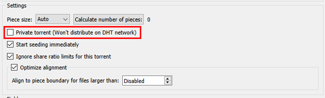 Option to create  a private torrent in qBittorrent (unchecked)