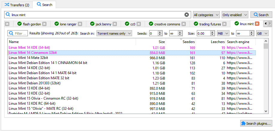 Screenshot of qBittorrent search function, searching for 'linux mint' torrents. 