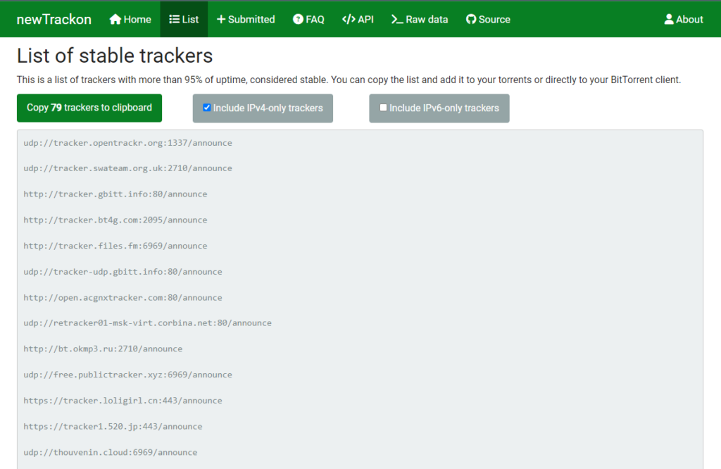 List of stable torrent trackers from NewTrackon