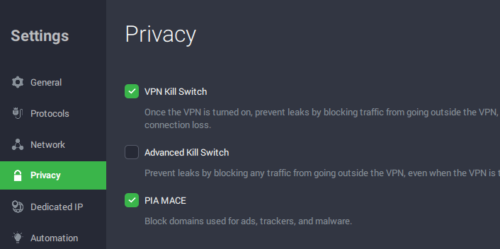 Kill-switch enabled in PIA privacy settings