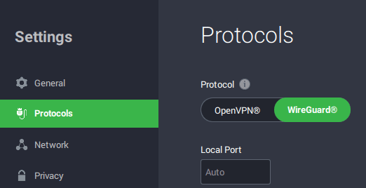 Wireguard protocol selected in Private Internet Access VPN settings