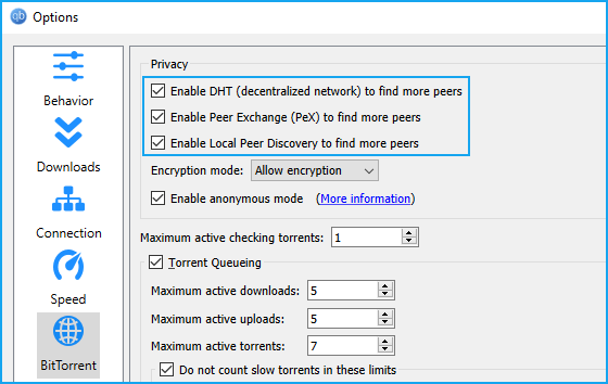 Enabling DHT, PEX and local peers discovery in qBittorrent