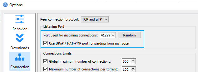 UPnP port forwarding enabled in qBittorrent settings