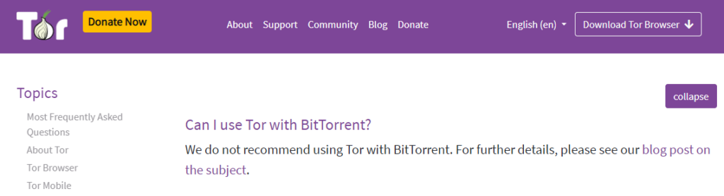 Screenshot of Tor Project's stance on BitTorrent (not recommended over Tor)